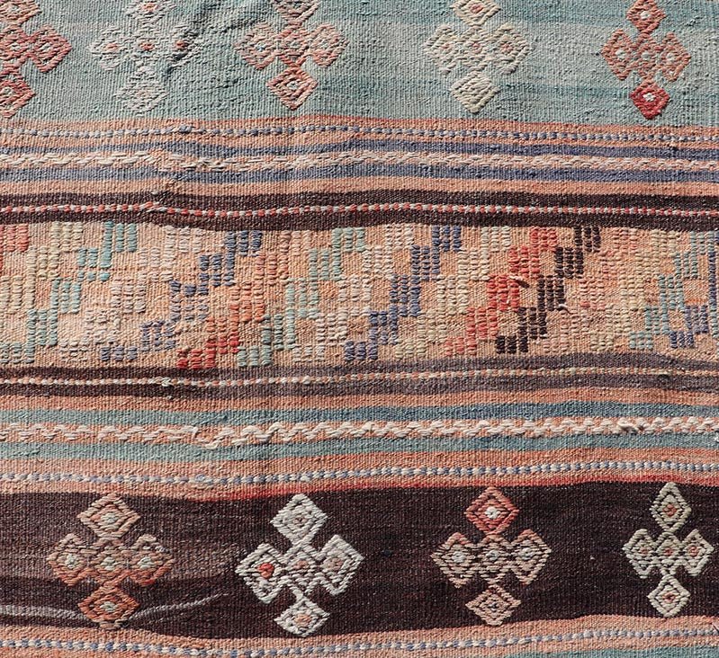 Measures: 2'10 x 11'3 Vintage Turkish Kilim Runner with Geometric Design and Colorful Stripes. Keivan Woven Arts / rug TU - NED - 5002, country of origin / type: turkey / Kilim, circa mid - 20th century Featuring geometric shapes rendered in a repeati... - Keivan Woven ArtsTU - NED - 5002 - 22177Rug
