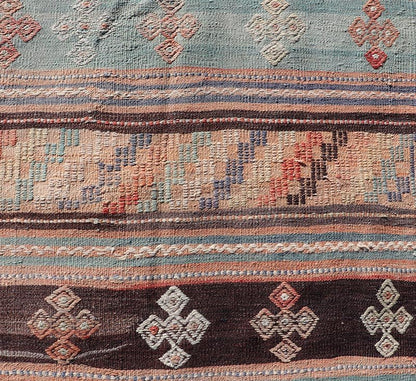 Measures: 2'10 x 11'3 Vintage Turkish Kilim Runner with Geometric Design and Colorful Stripes. Keivan Woven Arts / rug TU - NED - 5002, country of origin / type: turkey / Kilim, circa mid - 20th century Featuring geometric shapes rendered in a repeati... - Keivan Woven ArtsTU - NED - 5002 - 22177Rug