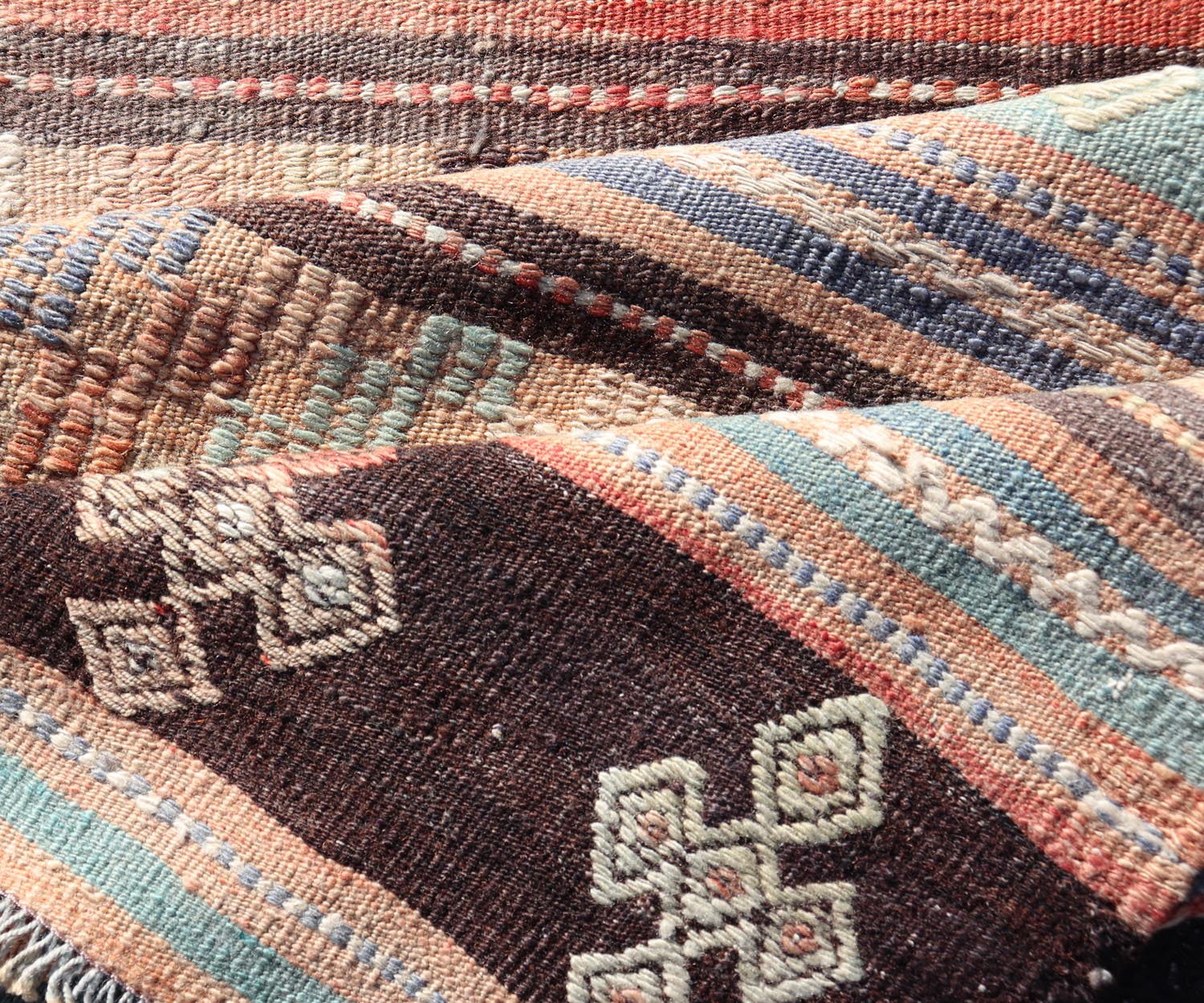 Measures: 2'10 x 11'3 Vintage Turkish Kilim Runner with Geometric Design and Colorful Stripes. Keivan Woven Arts / rug TU - NED - 5002, country of origin / type: turkey / Kilim, circa mid - 20th century Featuring geometric shapes rendered in a repeati... - Keivan Woven ArtsTU - NED - 5002 - 22177Rug