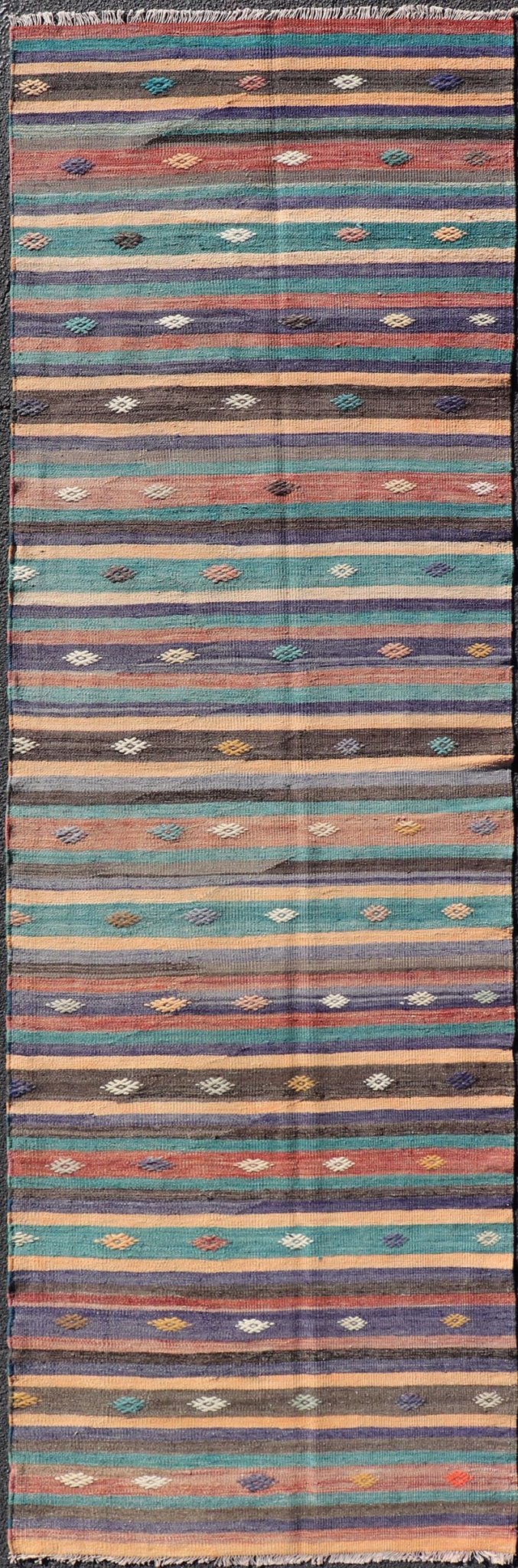 Measures: 3'3 x 10'10 Colorful Vintage Embroidered Kilim Runner with Stripe's and Geometric. Keivan Woven Arts / rug TU - NED - 5003, country of origin / type: Turkey / Kilim, circa 1950 This vintage Kilim displays an array of designs, including... - Keivan Woven ArtsTU - NED - 5003 - 22183Rug