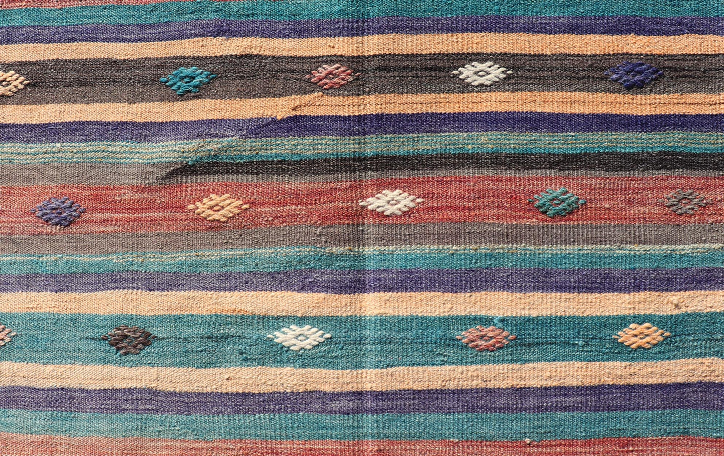 Measures: 3'3 x 10'10 Colorful Vintage Embroidered Kilim Runner with Stripe's and Geometric. Keivan Woven Arts / rug TU - NED - 5003, country of origin / type: Turkey / Kilim, circa 1950 This vintage Kilim displays an array of designs, including... - Keivan Woven ArtsTU - NED - 5003 - 22183Rug