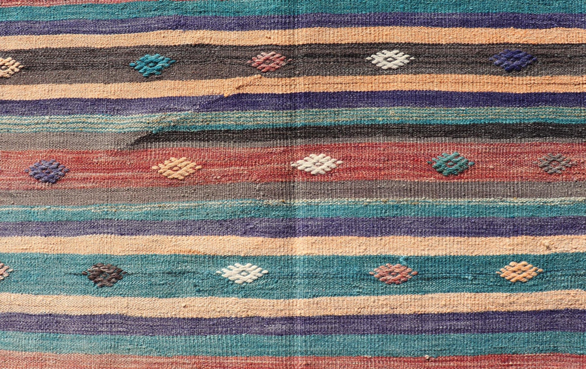 Measures: 3'3 x 10'10 Colorful Vintage Embroidered Kilim Runner with Stripe's and Geometric. Keivan Woven Arts / rug TU - NED - 5003, country of origin / type: Turkey / Kilim, circa 1950 This vintage Kilim displays an array of designs, including... - Keivan Woven ArtsTU - NED - 5003 - 22183Rug
