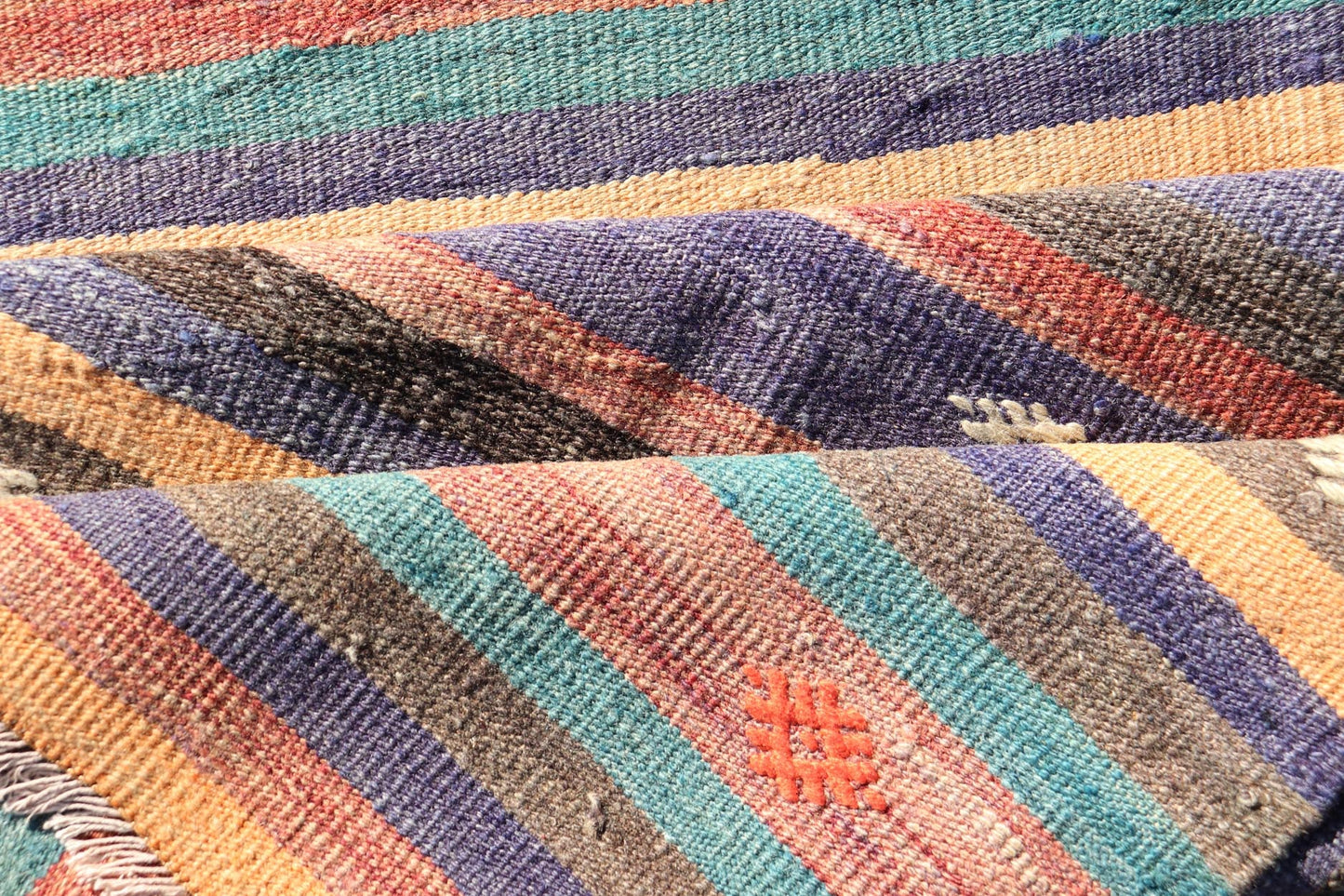 Measures: 3'3 x 10'10 Colorful Vintage Embroidered Kilim Runner with Stripe's and Geometric. Keivan Woven Arts / rug TU - NED - 5003, country of origin / type: Turkey / Kilim, circa 1950 This vintage Kilim displays an array of designs, including... - Keivan Woven ArtsTU - NED - 5003 - 22183Rug