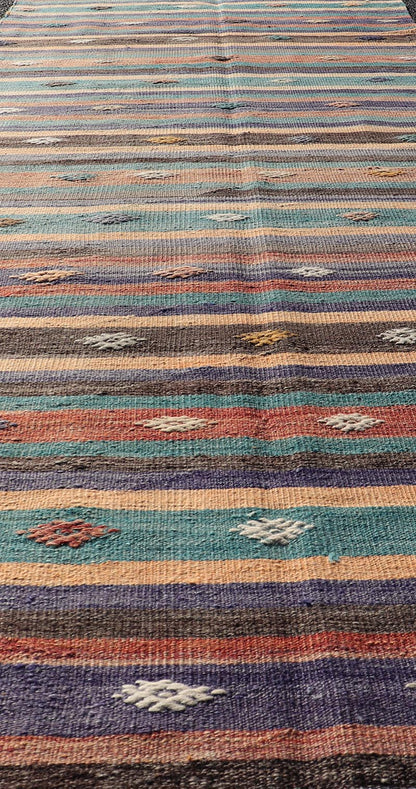 Measures: 3'3 x 10'10 Colorful Vintage Embroidered Kilim Runner with Stripe's and Geometric. Keivan Woven Arts / rug TU - NED - 5003, country of origin / type: Turkey / Kilim, circa 1950 This vintage Kilim displays an array of designs, including... - Keivan Woven ArtsTU - NED - 5003 - 22183Rug