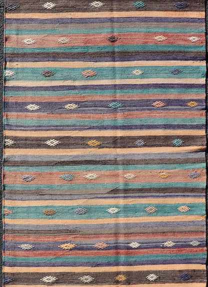 Measures: 3'3 x 10'10 Colorful Vintage Embroidered Kilim Runner with Stripe's and Geometric. Keivan Woven Arts / rug TU - NED - 5003, country of origin / type: Turkey / Kilim, circa 1950 This vintage Kilim displays an array of designs, including... - Keivan Woven ArtsTU - NED - 5003 - 22183Rug