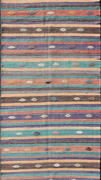 Measures: 3'3 x 10'10 Colorful Vintage Embroidered Kilim Runner with Stripe's and Geometric. Keivan Woven Arts / rug TU - NED - 5004, country of origin / type: Turkey / Kilim, circa 1950 This vintage Kilim displays an array of designs, including... - Keivan Woven ArtsTU - NED - 5004 - 22189Rug