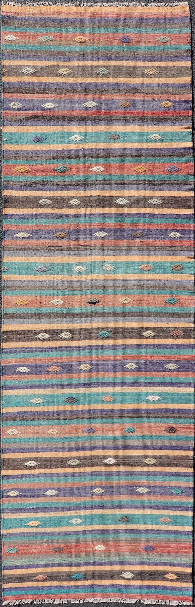Measures: 3'3 x 10'10 Colorful Vintage Embroidered Kilim Runner with Stripe's and Geometric. Keivan Woven Arts / rug TU - NED - 5004, country of origin / type: Turkey / Kilim, circa 1950 This vintage Kilim displays an array of designs, including... - Keivan Woven ArtsTU - NED - 5004 - 22189Rug