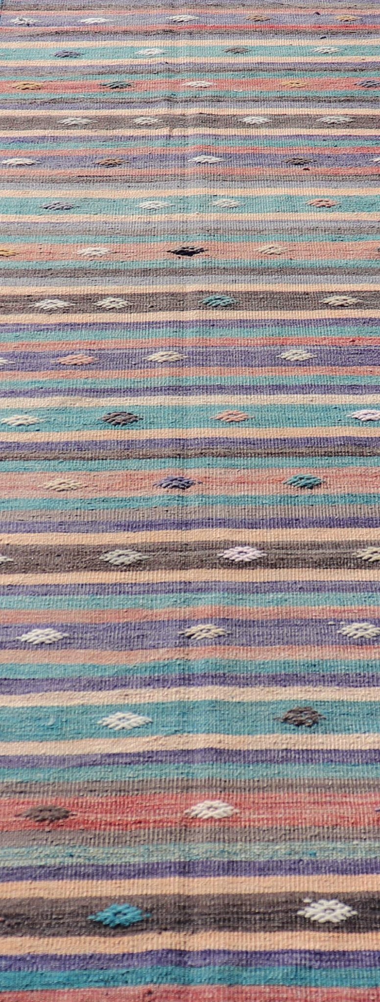 Measures: 3'3 x 10'10 Colorful Vintage Embroidered Kilim Runner with Stripe's and Geometric. Keivan Woven Arts / rug TU - NED - 5004, country of origin / type: Turkey / Kilim, circa 1950 This vintage Kilim displays an array of designs, including... - Keivan Woven ArtsTU - NED - 5004 - 22189Rug