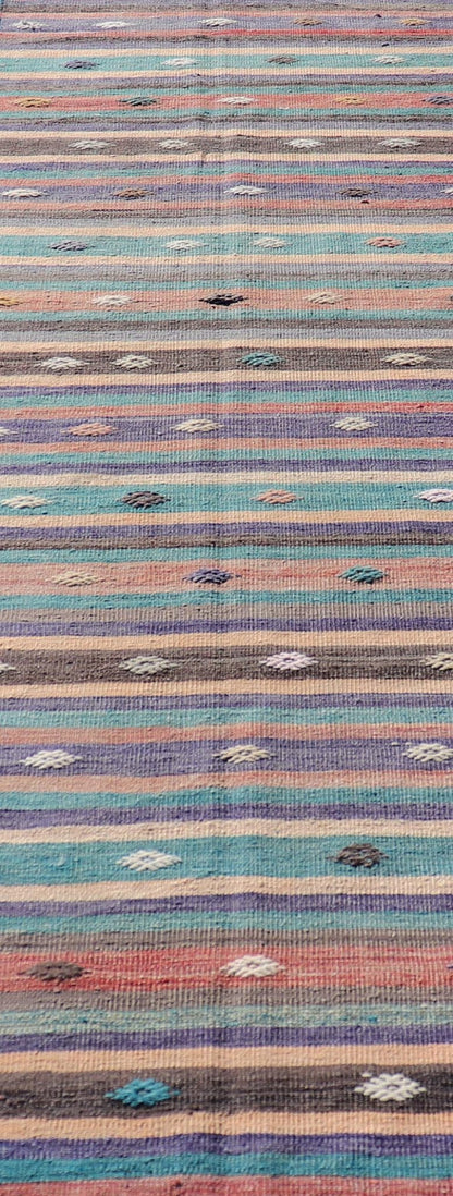 Measures: 3'3 x 10'10 Colorful Vintage Embroidered Kilim Runner with Stripe's and Geometric. Keivan Woven Arts / rug TU - NED - 5004, country of origin / type: Turkey / Kilim, circa 1950 This vintage Kilim displays an array of designs, including... - Keivan Woven ArtsTU - NED - 5004 - 22189Rug