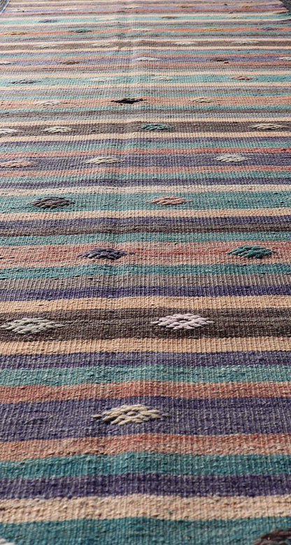 Measures: 3'3 x 10'10 Colorful Vintage Embroidered Kilim Runner with Stripe's and Geometric. Keivan Woven Arts / rug TU - NED - 5004, country of origin / type: Turkey / Kilim, circa 1950 This vintage Kilim displays an array of designs, including... - Keivan Woven ArtsTU - NED - 5004 - 22189Rug