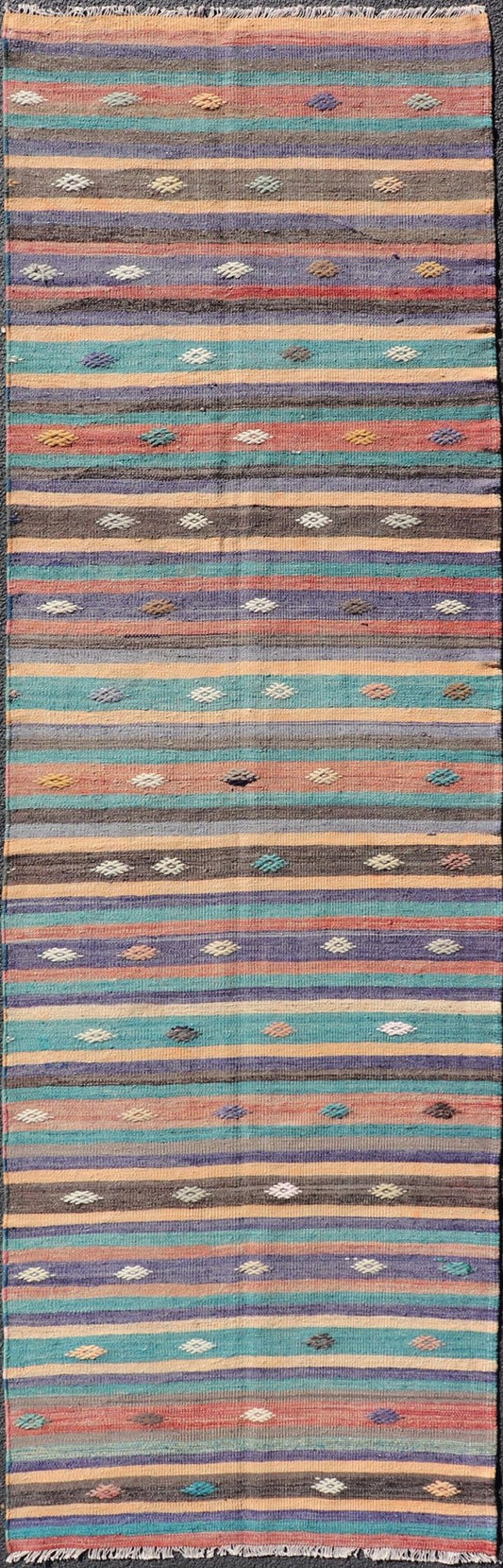 Measures: 3'3 x 10'10 Colorful Vintage Embroidered Kilim Runner with Stripe's and Geometric. Keivan Woven Arts / rug TU - NED - 5004, country of origin / type: Turkey / Kilim, circa 1950 This vintage Kilim displays an array of designs, including... - Keivan Woven ArtsTU - NED - 5004 - 22189