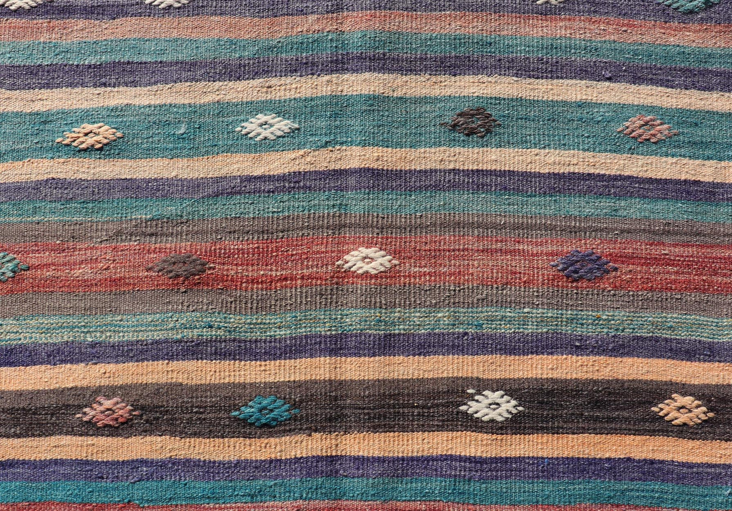 Measures: 3'3 x 10'10 Colorful Vintage Embroidered Kilim Runner with Stripe's and Geometric. Keivan Woven Arts / rug TU - NED - 5004, country of origin / type: Turkey / Kilim, circa 1950 This vintage Kilim displays an array of designs, including... - Keivan Woven ArtsTU - NED - 5004 - 22189Rug
