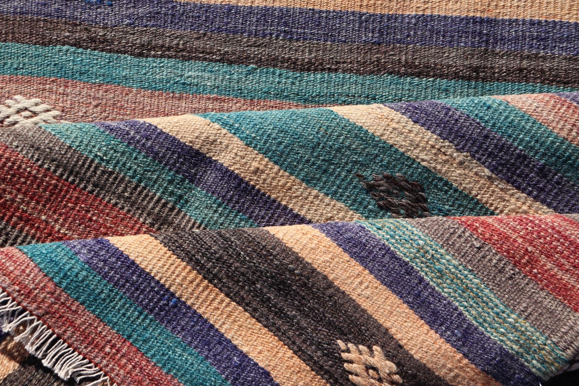 Measures: 3'3 x 10'10 Colorful Vintage Embroidered Kilim Runner with Stripe's and Geometric. Keivan Woven Arts / rug TU - NED - 5004, country of origin / type: Turkey / Kilim, circa 1950 This vintage Kilim displays an array of designs, including... - Keivan Woven ArtsTU - NED - 5004 - 22189Rug