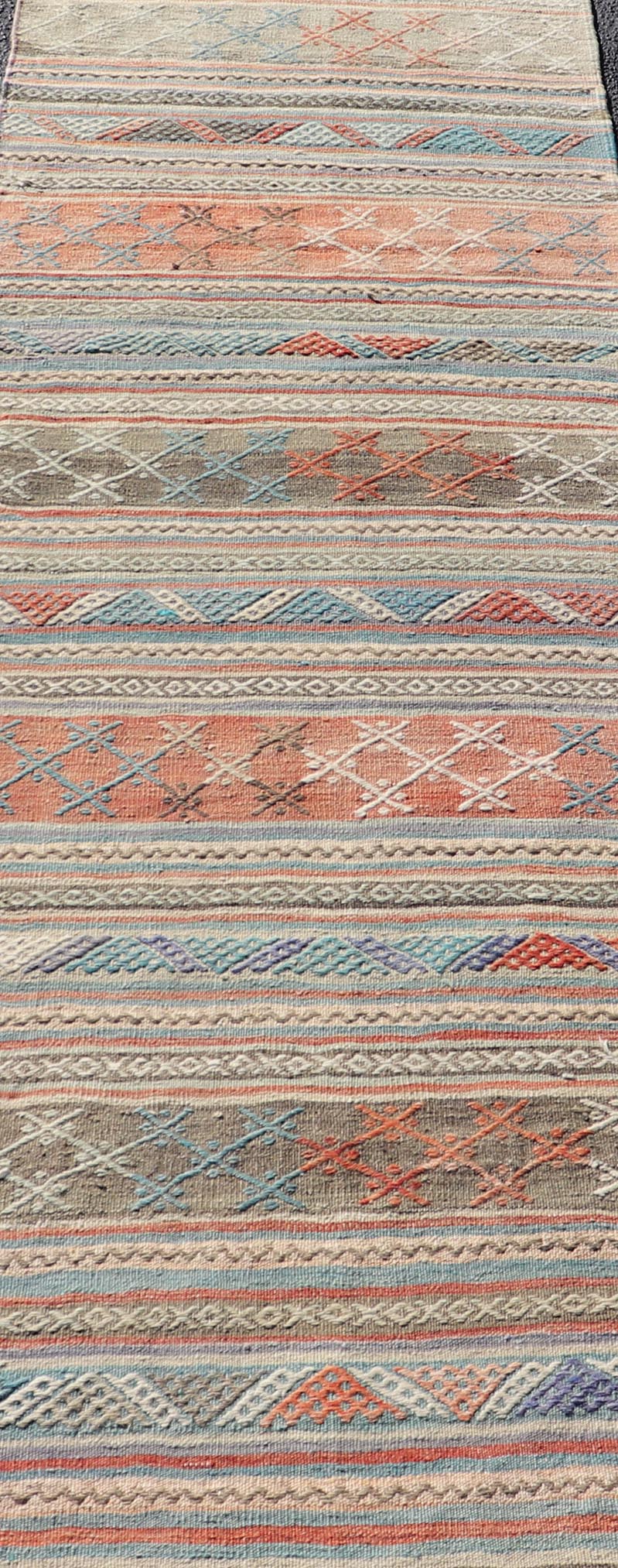 Measures: 2'7 x 9'7 Vintage Turkish Colorful Kilim Runner with Stripe Design in Tan and Orange's. Keivan Woven Arts / rug TU - NED - 5005, country of origin / type: Turkey / Kilim, circa 1950. Featuring a striking stripe design, this unique 1950s Ki... - Keivan Woven ArtsTU - NED - 5005 - 22195Rug