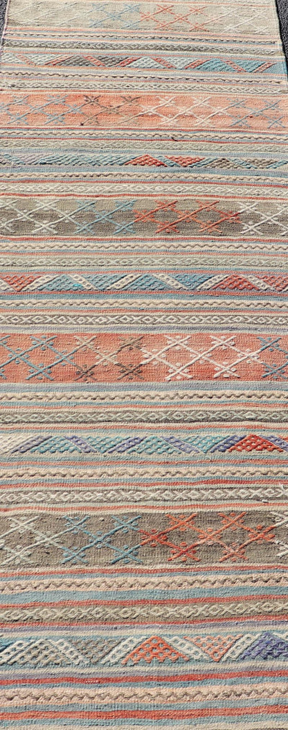 Measures: 2'7 x 9'7 Vintage Turkish Colorful Kilim Runner with Stripe Design in Tan and Orange's. Keivan Woven Arts / rug TU - NED - 5005, country of origin / type: Turkey / Kilim, circa 1950. Featuring a striking stripe design, this unique 1950s Ki... - Keivan Woven ArtsTU - NED - 5005 - 22195Rug