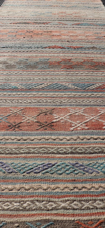 Measures: 2'7 x 9'7 Vintage Turkish Colorful Kilim Runner with Stripe Design in Tan and Orange's. Keivan Woven Arts / rug TU - NED - 5005, country of origin / type: Turkey / Kilim, circa 1950. Featuring a striking stripe design, this unique 1950s Ki... - Keivan Woven ArtsTU - NED - 5005 - 22195Rug