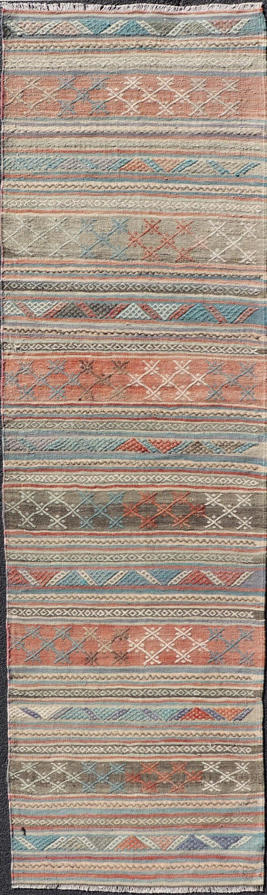 Measures: 2'7 x 9'7 Vintage Turkish Colorful Kilim Runner with Stripe Design in Tan and Orange's. Keivan Woven Arts / rug TU - NED - 5005, country of origin / type: Turkey / Kilim, circa 1950. Featuring a striking stripe design, this unique 1950s Ki... - Keivan Woven ArtsTU - NED - 5005 - 22195