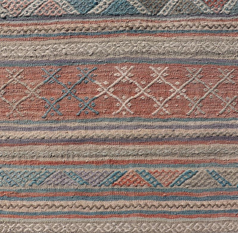 Measures: 2'7 x 9'7 Vintage Turkish Colorful Kilim Runner with Stripe Design in Tan and Orange's. Keivan Woven Arts / rug TU - NED - 5005, country of origin / type: Turkey / Kilim, circa 1950. Featuring a striking stripe design, this unique 1950s Ki... - Keivan Woven ArtsTU - NED - 5005 - 22195Rug