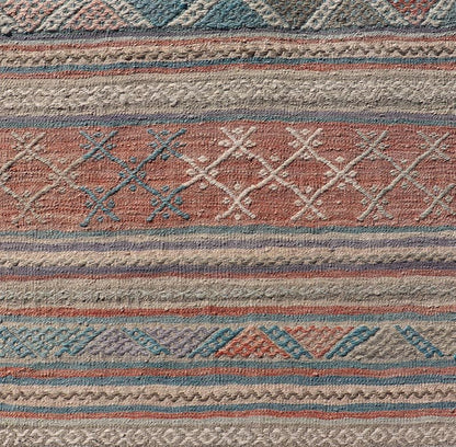 Measures: 2'7 x 9'7 Vintage Turkish Colorful Kilim Runner with Stripe Design in Tan and Orange's. Keivan Woven Arts / rug TU - NED - 5005, country of origin / type: Turkey / Kilim, circa 1950. Featuring a striking stripe design, this unique 1950s Ki... - Keivan Woven ArtsTU - NED - 5005 - 22195Rug