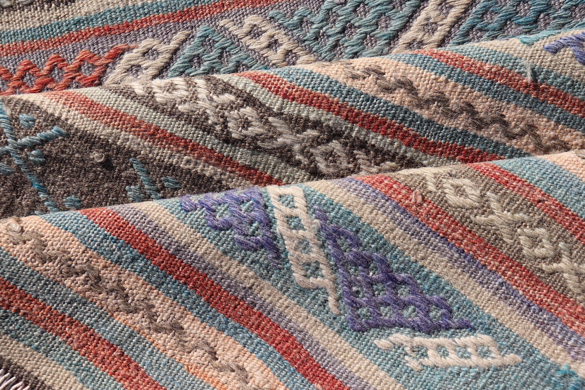Measures: 2'7 x 9'7 Vintage Turkish Colorful Kilim Runner with Stripe Design in Tan and Orange's. Keivan Woven Arts / rug TU - NED - 5005, country of origin / type: Turkey / Kilim, circa 1950. Featuring a striking stripe design, this unique 1950s Ki... - Keivan Woven ArtsTU - NED - 5005 - 22195Rug