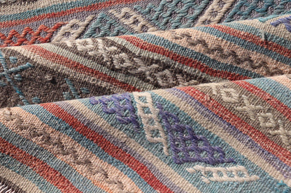 Measures: 2'7 x 9'7 Vintage Turkish Colorful Kilim Runner with Stripe Design in Tan and Orange's. Keivan Woven Arts / rug TU - NED - 5005, country of origin / type: Turkey / Kilim, circa 1950. Featuring a striking stripe design, this unique 1950s Ki... - Keivan Woven ArtsTU - NED - 5005 - 22195Rug