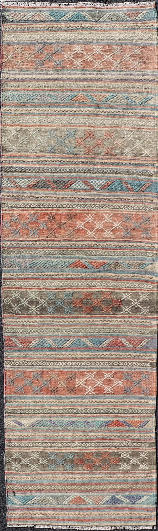 Measures: 2'7 x 9'7 Vintage Turkish Colorful Kilim Runner with Stripe Design in Tan and Orange's. Keivan Woven Arts / rug TU - NED - 5005, country of origin / type: Turkey / Kilim, circa 1950. Featuring a striking stripe design, this unique 1950s Ki... - Keivan Woven ArtsTU - NED - 5005 - 22195Rug