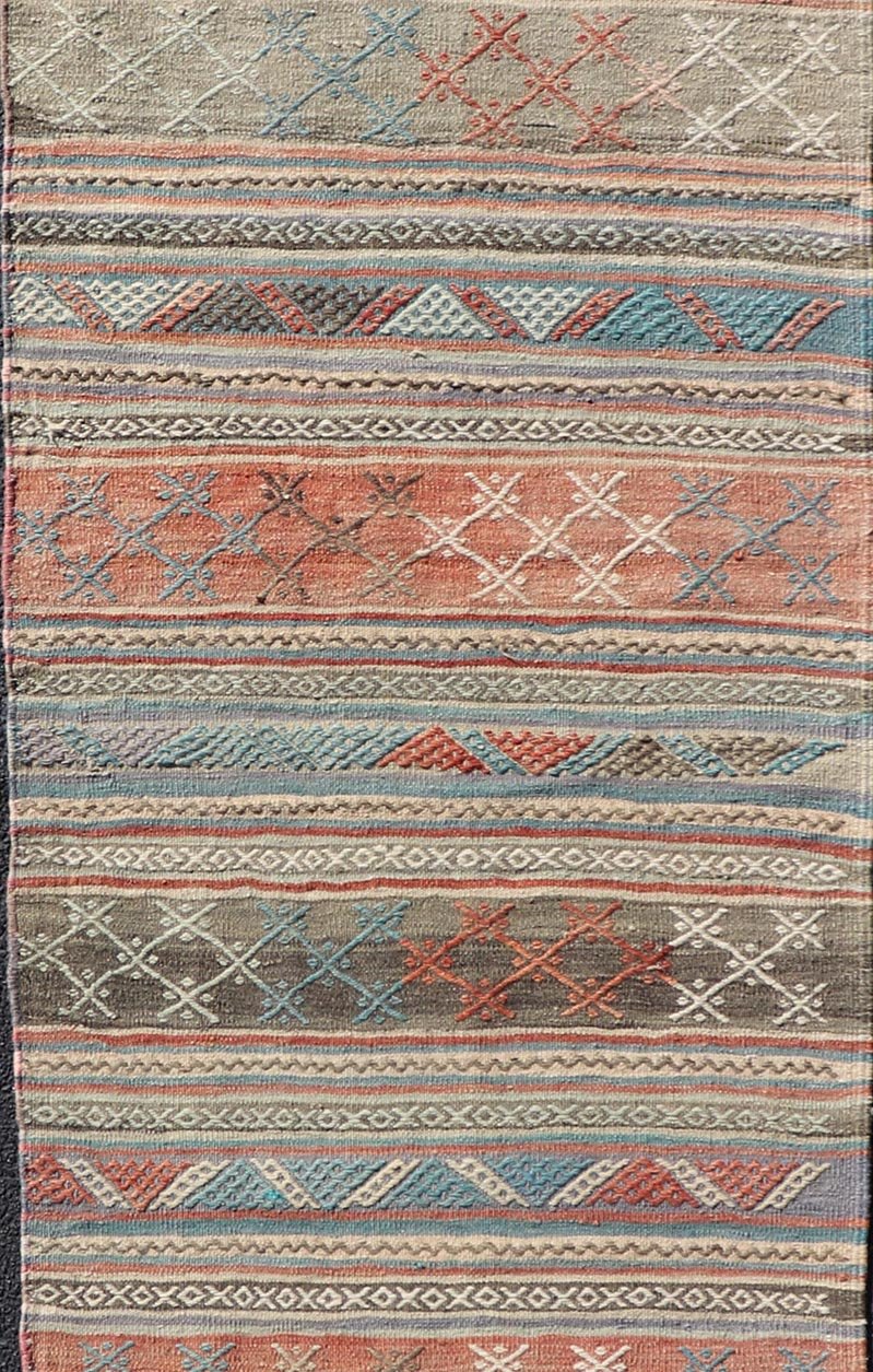 Measures: 2'7 x 9'7 Vintage Turkish Colorful Kilim Runner with Stripe Design in Tan and Orange's. Keivan Woven Arts / rug TU - NED - 5005, country of origin / type: Turkey / Kilim, circa 1950. Featuring a striking stripe design, this unique 1950s Ki... - Keivan Woven ArtsTU - NED - 5005 - 22195Rug
