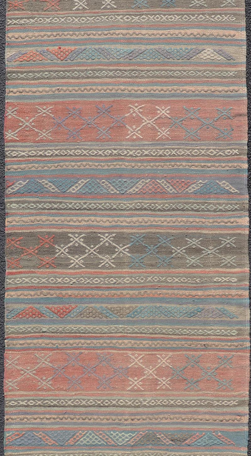 Measures: 2'8 x 9'9 Vintage Colorful Kilim Runner with Stripe Design in Orange, Gray, & Light Green. Keivan Woven Arts / rug TU - NED - 5006, country of origin / type: Turkey / Kilim, circa 1950. Featuring a striking stripe design, this unique 1950s... - Keivan Woven ArtsTU - NED - 5006 - 22201Rug