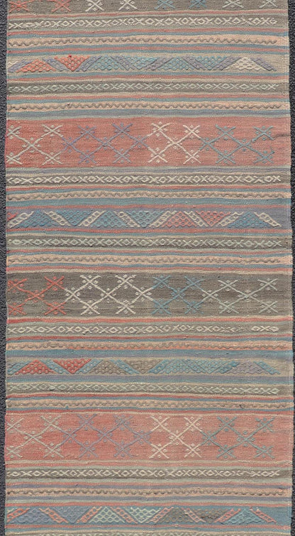 Measures: 2'8 x 9'9 Vintage Colorful Kilim Runner with Stripe Design in Orange, Gray, & Light Green. Keivan Woven Arts / rug TU - NED - 5006, country of origin / type: Turkey / Kilim, circa 1950. Featuring a striking stripe design, this unique 1950s... - Keivan Woven ArtsTU - NED - 5006 - 22201Rug