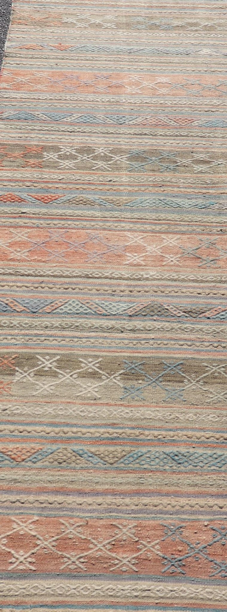 Measures: 2'8 x 9'9 Vintage Colorful Kilim Runner with Stripe Design in Orange, Gray, & Light Green. Keivan Woven Arts / rug TU - NED - 5006, country of origin / type: Turkey / Kilim, circa 1950. Featuring a striking stripe design, this unique 1950s... - Keivan Woven ArtsTU - NED - 5006 - 22201Rug