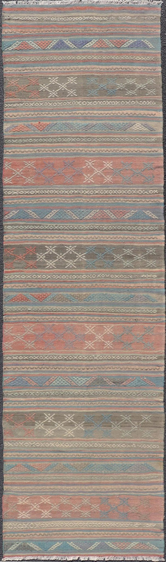 Measures: 2'8 x 9'9 Vintage Colorful Kilim Runner with Stripe Design in Orange, Gray, & Light Green. Keivan Woven Arts / rug TU - NED - 5006, country of origin / type: Turkey / Kilim, circa 1950. Featuring a striking stripe design, this unique 1950s... - Keivan Woven ArtsTU - NED - 5006 - 22201