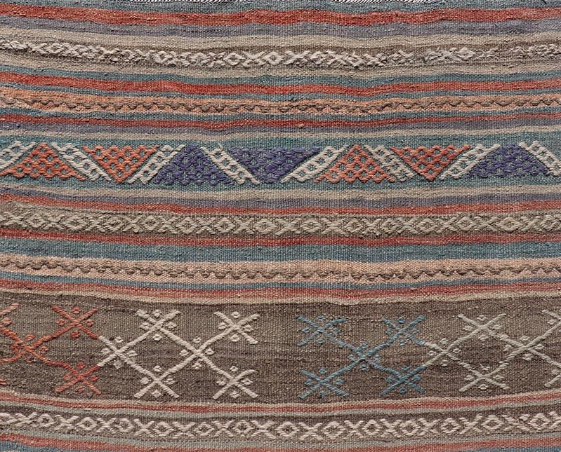 Measures: 2'8 x 9'9 Vintage Colorful Kilim Runner with Stripe Design in Orange, Gray, & Light Green. Keivan Woven Arts / rug TU - NED - 5006, country of origin / type: Turkey / Kilim, circa 1950. Featuring a striking stripe design, this unique 1950s... - Keivan Woven ArtsTU - NED - 5006 - 22201Rug