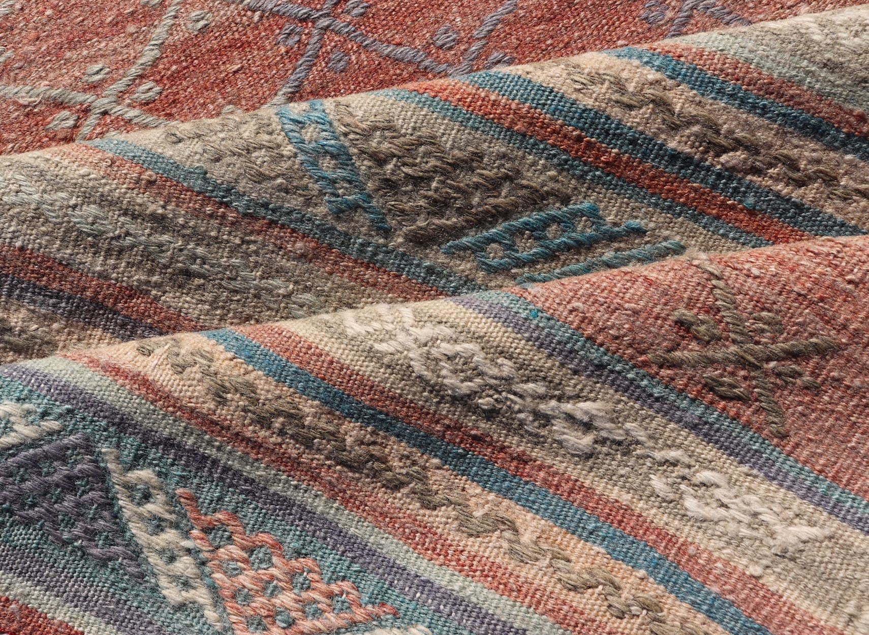 Measures: 2'8 x 9'9 Vintage Colorful Kilim Runner with Stripe Design in Orange, Gray, & Light Green. Keivan Woven Arts / rug TU - NED - 5006, country of origin / type: Turkey / Kilim, circa 1950. Featuring a striking stripe design, this unique 1950s... - Keivan Woven ArtsTU - NED - 5006 - 22201Rug