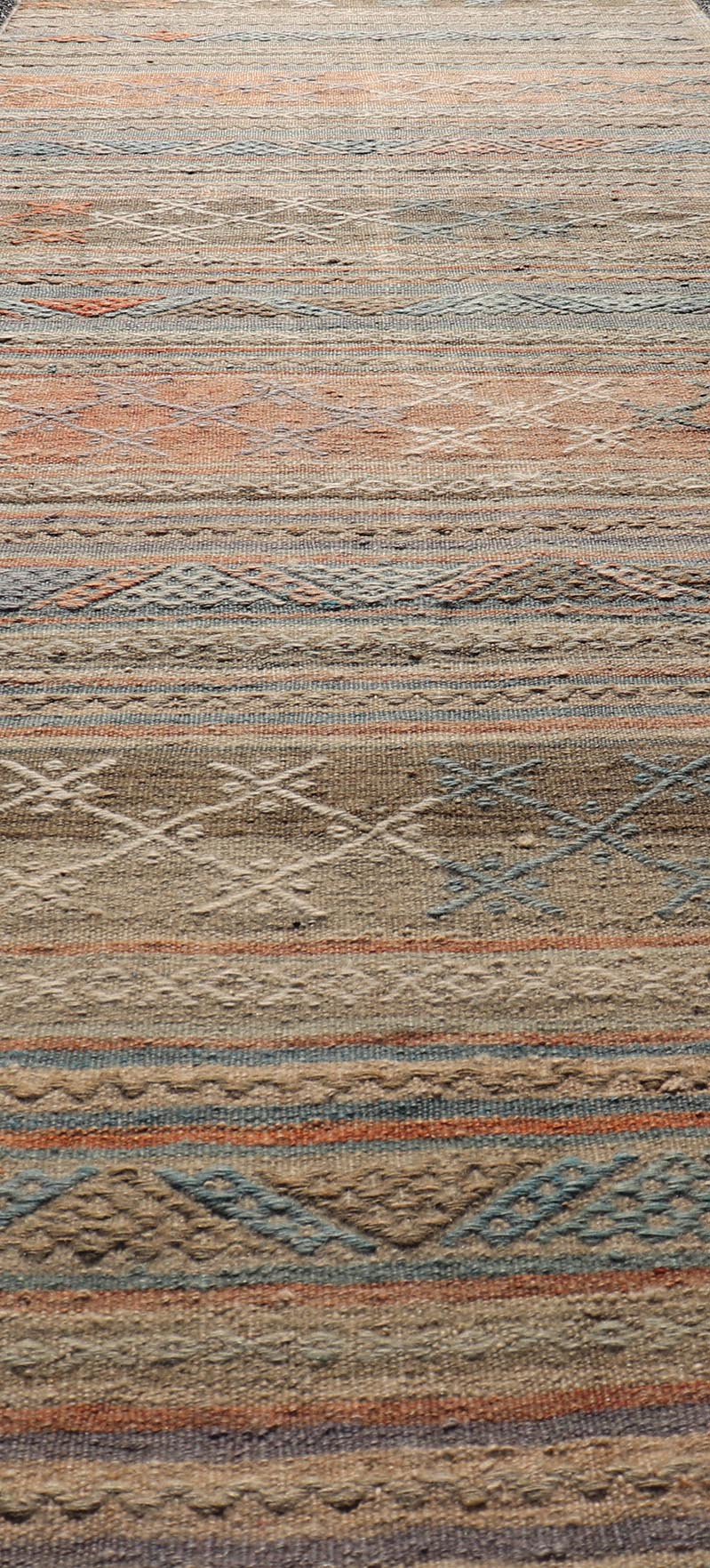 Measures: 2'8 x 9'9 Vintage Colorful Kilim Runner with Stripe Design in Orange, Gray, & Light Green. Keivan Woven Arts / rug TU - NED - 5006, country of origin / type: Turkey / Kilim, circa 1950. Featuring a striking stripe design, this unique 1950s... - Keivan Woven ArtsTU - NED - 5006 - 22201Rug