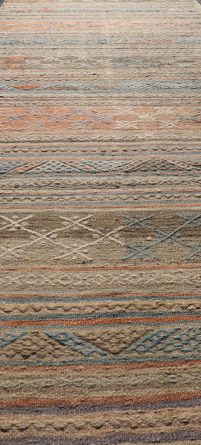Measures: 2'8 x 9'9 Vintage Colorful Kilim Runner with Stripe Design in Orange, Gray, & Light Green. Keivan Woven Arts / rug TU - NED - 5006, country of origin / type: Turkey / Kilim, circa 1950. Featuring a striking stripe design, this unique 1950s... - Keivan Woven ArtsTU - NED - 5006 - 22201Rug