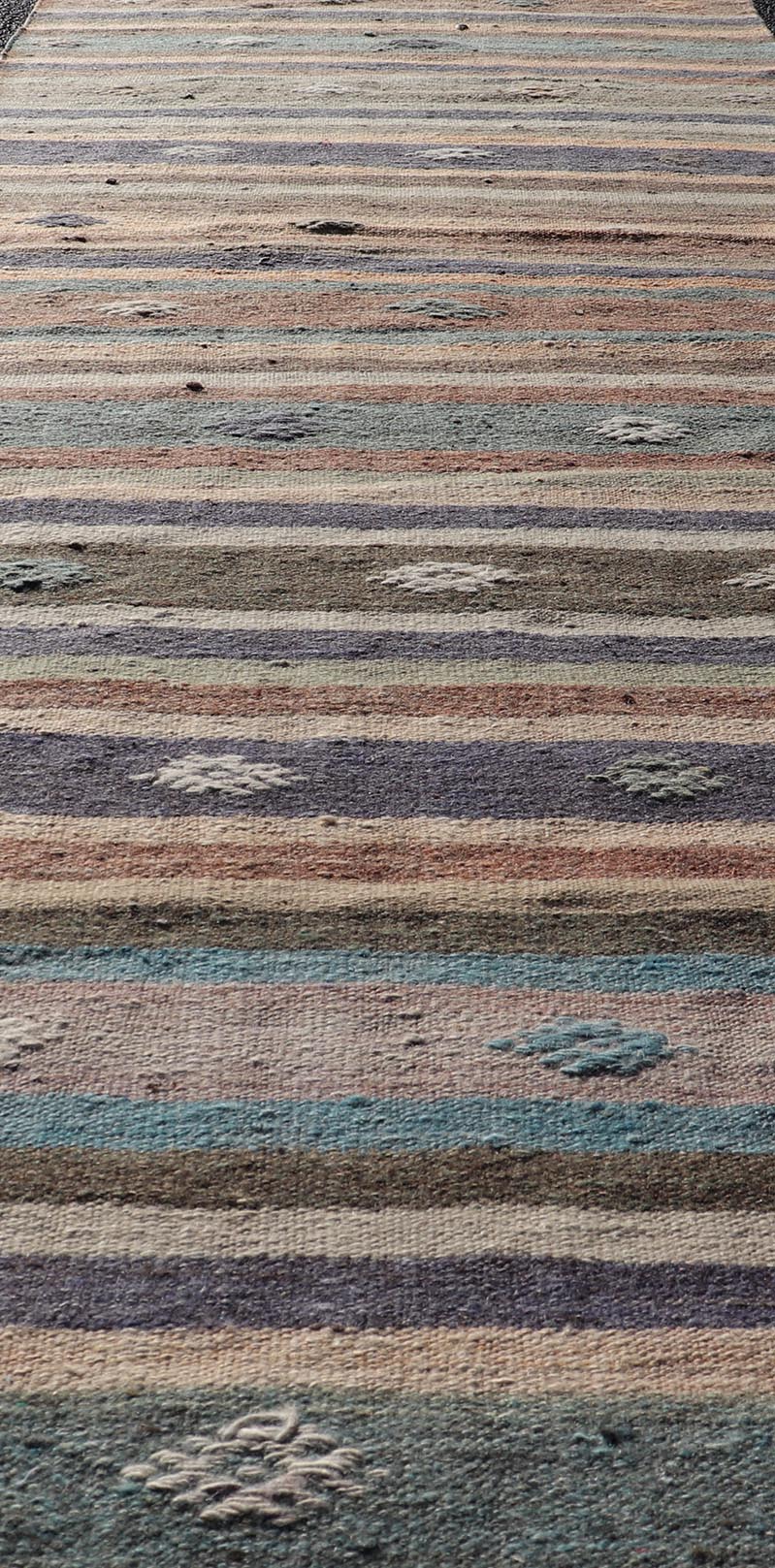 Measures: 2'9 x 9'4 Vintage Hand Woven Turkish Kilim Runner with Stripe and Modern Motif Design. Keivan Woven Arts / rug TU - NED - 5007, country of origin / type: Turkey / Kilim, circa 1950 This vintage flat - woven Kilim runner features a minimal... - Keivan Woven ArtsTU - NED - 5007 - 22207Rug