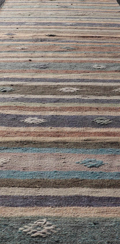 Measures: 2'9 x 9'4 Vintage Hand Woven Turkish Kilim Runner with Stripe and Modern Motif Design. Keivan Woven Arts / rug TU - NED - 5007, country of origin / type: Turkey / Kilim, circa 1950 This vintage flat - woven Kilim runner features a minimal... - Keivan Woven ArtsTU - NED - 5007 - 22207Rug