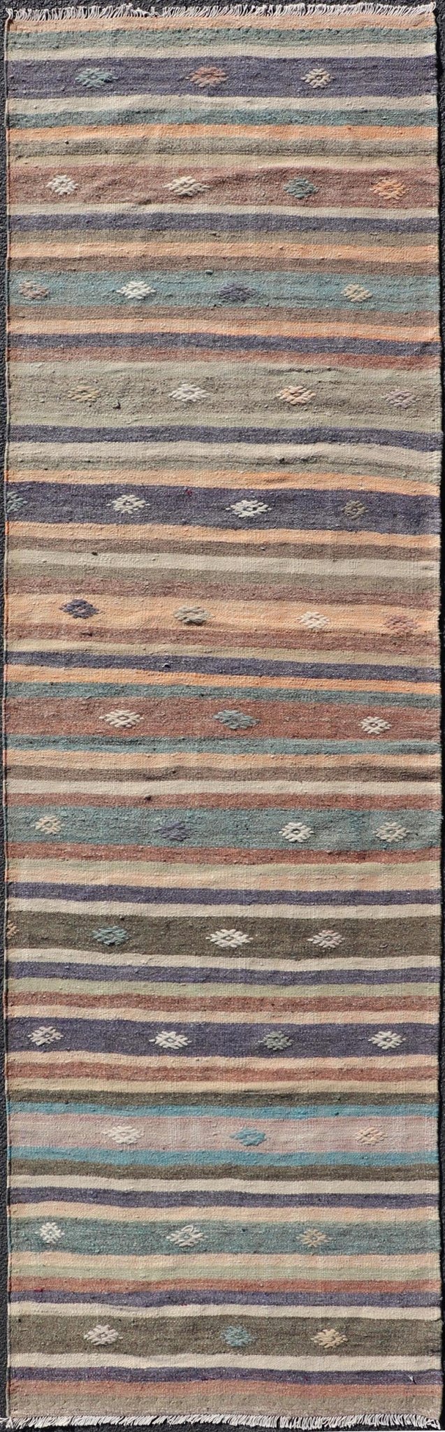 Measures: 2'9 x 9'4 Vintage Hand Woven Turkish Kilim Runner with Stripe and Modern Motif Design. Keivan Woven Arts / rug TU - NED - 5007, country of origin / type: Turkey / Kilim, circa 1950 This vintage flat - woven Kilim runner features a minimal... - Keivan Woven ArtsTU - NED - 5007 - 22207Rug