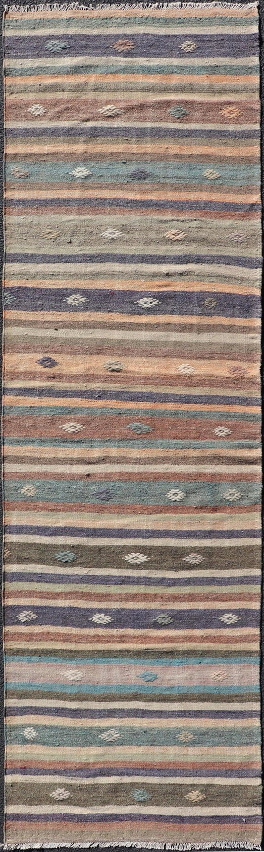 Measures: 2'9 x 9'4 Vintage Hand Woven Turkish Kilim Runner with Stripe and Modern Motif Design. Keivan Woven Arts / rug TU - NED - 5007, country of origin / type: Turkey / Kilim, circa 1950 This vintage flat - woven Kilim runner features a minimal... - Keivan Woven ArtsTU - NED - 5007 - 22207