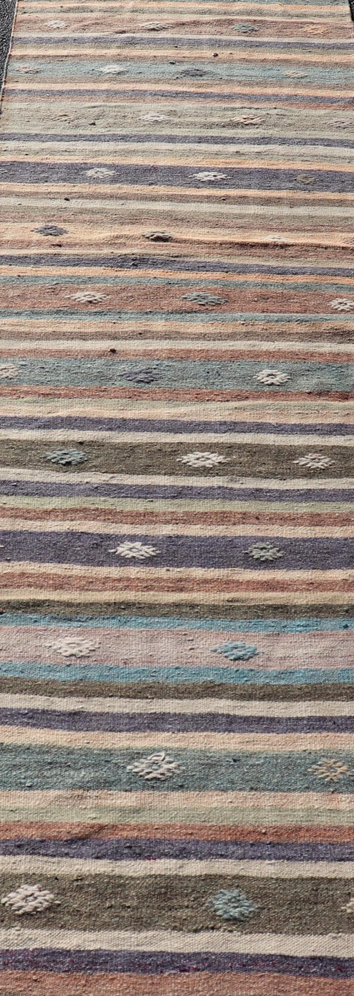 Measures: 2'9 x 9'4 Vintage Hand Woven Turkish Kilim Runner with Stripe and Modern Motif Design. Keivan Woven Arts / rug TU - NED - 5007, country of origin / type: Turkey / Kilim, circa 1950 This vintage flat - woven Kilim runner features a minimal... - Keivan Woven ArtsTU - NED - 5007 - 22207Rug