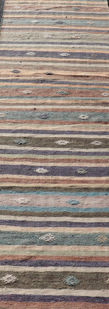 Measures: 2'9 x 9'4 Vintage Hand Woven Turkish Kilim Runner with Stripe and Modern Motif Design. Keivan Woven Arts / rug TU - NED - 5007, country of origin / type: Turkey / Kilim, circa 1950 This vintage flat - woven Kilim runner features a minimal... - Keivan Woven ArtsTU - NED - 5007 - 22207Rug