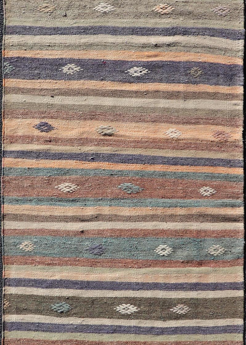 Measures: 2'9 x 9'4 Vintage Hand Woven Turkish Kilim Runner with Stripe and Modern Motif Design. Keivan Woven Arts / rug TU - NED - 5007, country of origin / type: Turkey / Kilim, circa 1950 This vintage flat - woven Kilim runner features a minimal... - Keivan Woven ArtsTU - NED - 5007 - 22207Rug