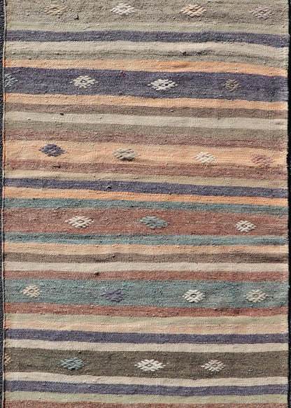 Measures: 2'9 x 9'4 Vintage Hand Woven Turkish Kilim Runner with Stripe and Modern Motif Design. Keivan Woven Arts / rug TU - NED - 5007, country of origin / type: Turkey / Kilim, circa 1950 This vintage flat - woven Kilim runner features a minimal... - Keivan Woven ArtsTU - NED - 5007 - 22207Rug