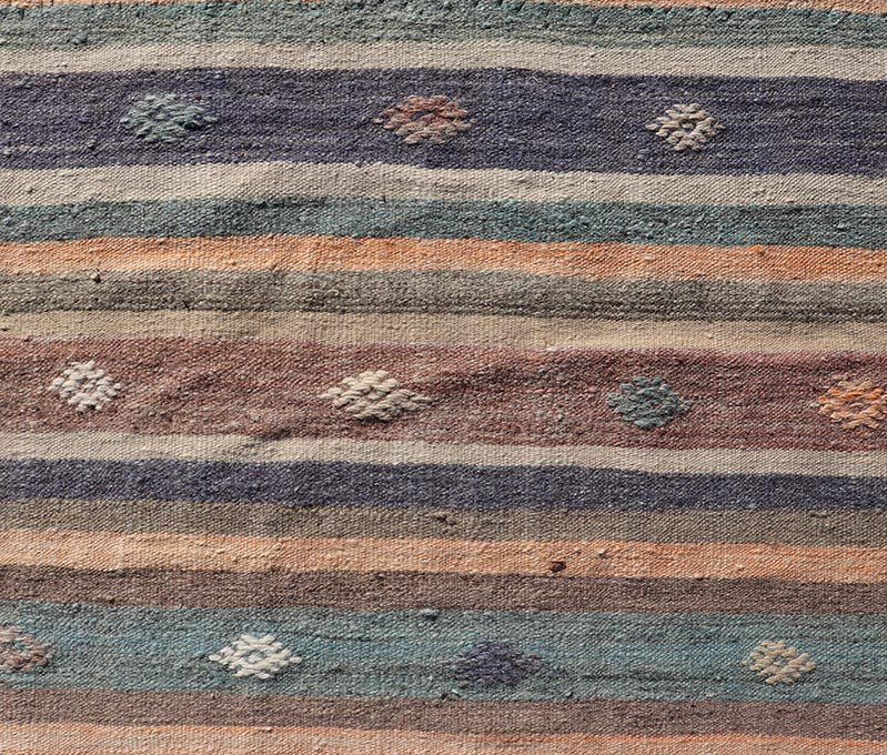 Measures: 2'9 x 9'4 Vintage Hand Woven Turkish Kilim Runner with Stripe and Modern Motif Design. Keivan Woven Arts / rug TU - NED - 5007, country of origin / type: Turkey / Kilim, circa 1950 This vintage flat - woven Kilim runner features a minimal... - Keivan Woven ArtsTU - NED - 5007 - 22207Rug