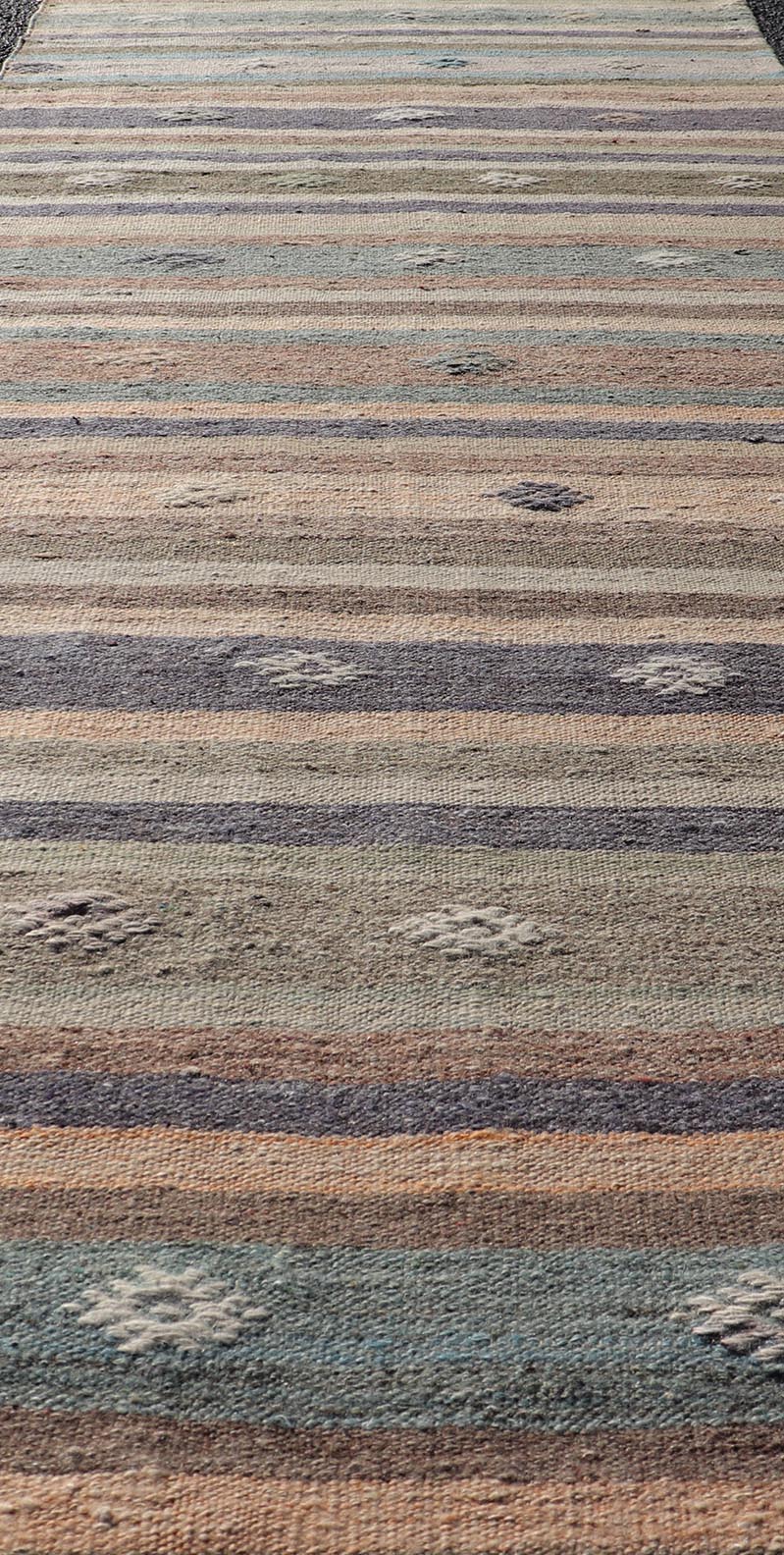 Measures: 2'8 x 9'4 Vintage Flat Weave Turkish Kilim Runner with Stripe and Modern Motif Design. Keivan Woven Arts / rug TU - NED - 5008, country of origin / type: Turkey / Kilim, circa 1950 This vintage flat - woven Kilim runner features a minimalist... - Keivan Woven ArtsTU - NED - 5008 - 22213Rug