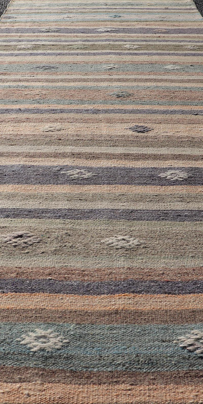 Measures: 2'8 x 9'4 Vintage Flat Weave Turkish Kilim Runner with Stripe and Modern Motif Design. Keivan Woven Arts / rug TU - NED - 5008, country of origin / type: Turkey / Kilim, circa 1950 This vintage flat - woven Kilim runner features a minimalist... - Keivan Woven ArtsTU - NED - 5008 - 22213Rug