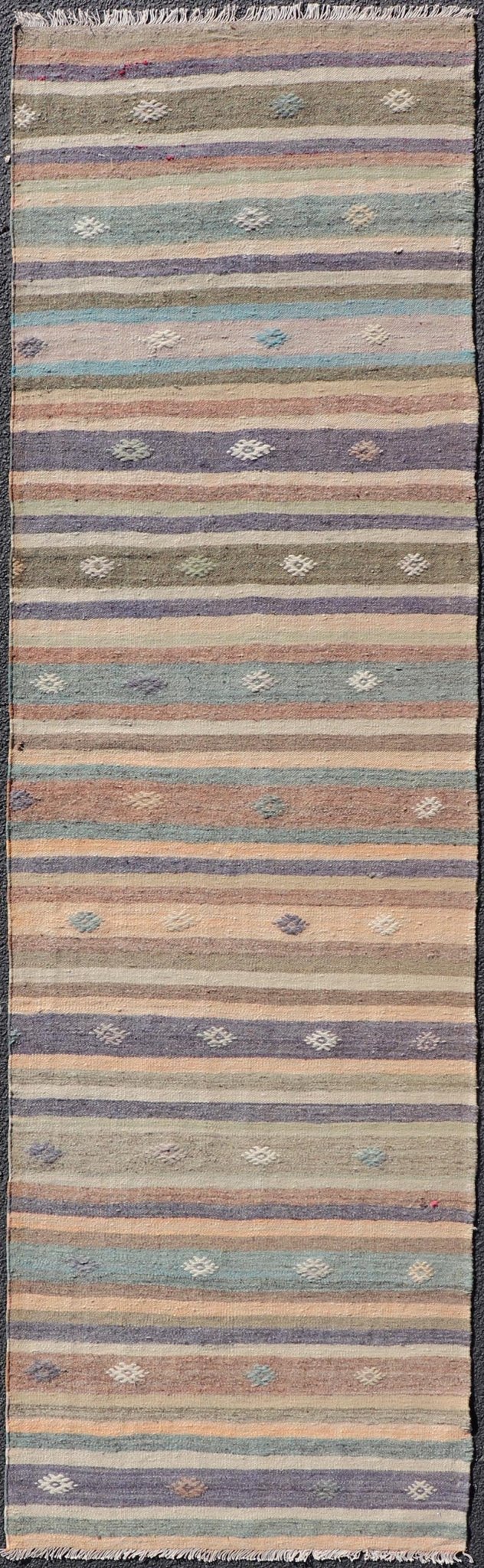 Measures: 2'8 x 9'4 Vintage Flat Weave Turkish Kilim Runner with Stripe and Modern Motif Design. Keivan Woven Arts / rug TU - NED - 5008, country of origin / type: Turkey / Kilim, circa 1950 This vintage flat - woven Kilim runner features a minimalist... - Keivan Woven ArtsTU - NED - 5008 - 22213Rug