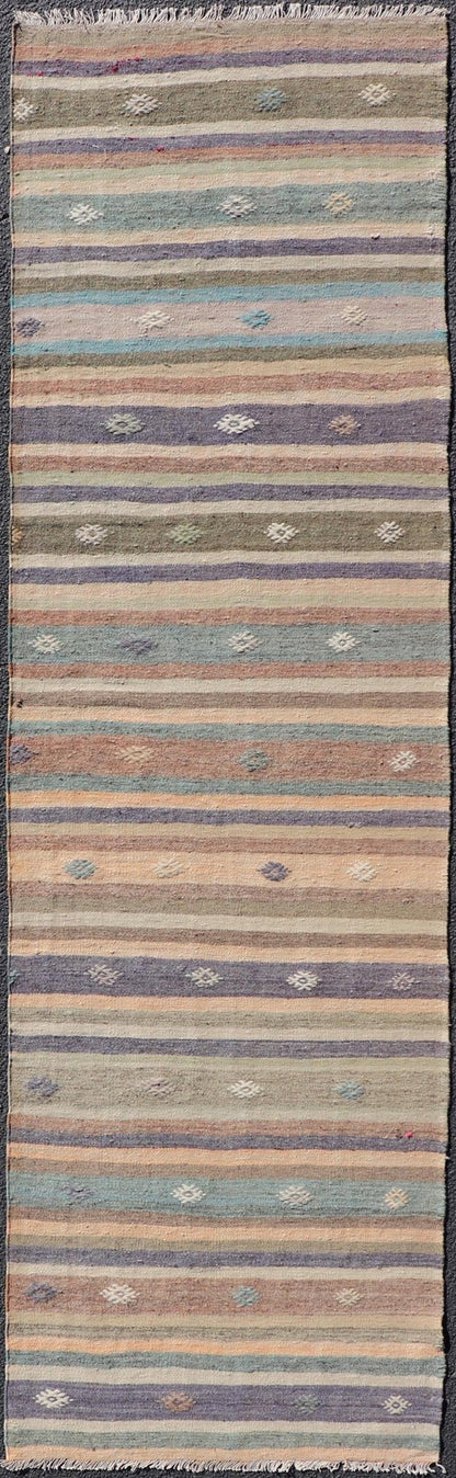Measures: 2'8 x 9'4 Vintage Flat Weave Turkish Kilim Runner with Stripe and Modern Motif Design. Keivan Woven Arts / rug TU - NED - 5008, country of origin / type: Turkey / Kilim, circa 1950 This vintage flat - woven Kilim runner features a minimalist... - Keivan Woven ArtsTU - NED - 5008 - 22213Rug
