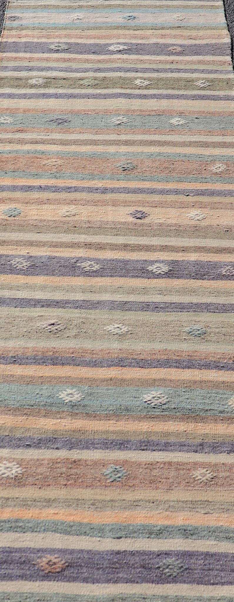 Measures: 2'8 x 9'4 Vintage Flat Weave Turkish Kilim Runner with Stripe and Modern Motif Design. Keivan Woven Arts / rug TU - NED - 5008, country of origin / type: Turkey / Kilim, circa 1950 This vintage flat - woven Kilim runner features a minimalist... - Keivan Woven ArtsTU - NED - 5008 - 22213Rug