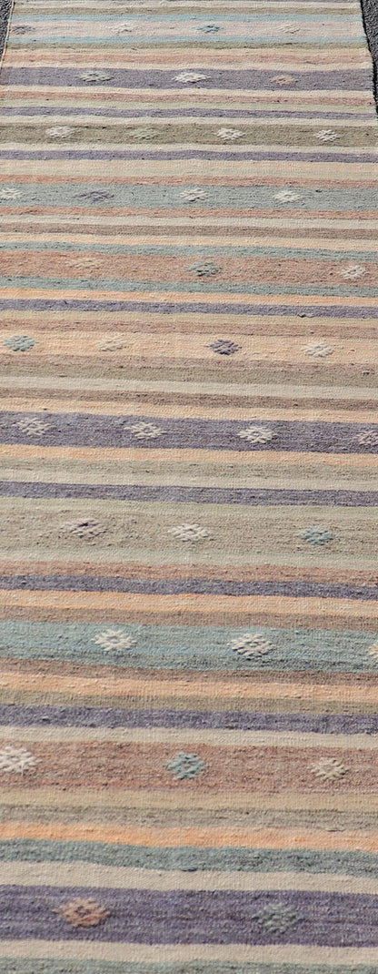 Measures: 2'8 x 9'4 Vintage Flat Weave Turkish Kilim Runner with Stripe and Modern Motif Design. Keivan Woven Arts / rug TU - NED - 5008, country of origin / type: Turkey / Kilim, circa 1950 This vintage flat - woven Kilim runner features a minimalist... - Keivan Woven ArtsTU - NED - 5008 - 22213Rug